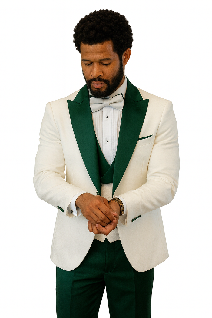 Hilton White and Hunter Green Paisley Peak Lapel Tuxedo Jacket with Matching Shawl Vest and Wool Pants Includes Bow Tie