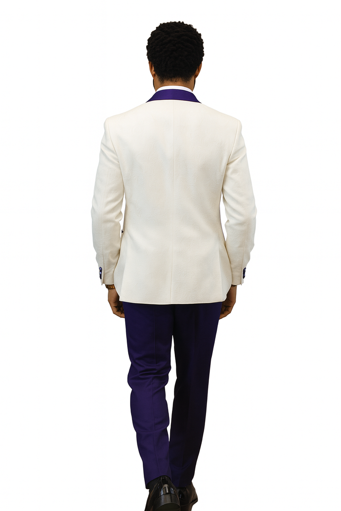 Hilton White and Purple Paisley Peak Lapel Tuxedo Jacket with Matching Shawl Vest and Wool Pants Includes Bow Tie