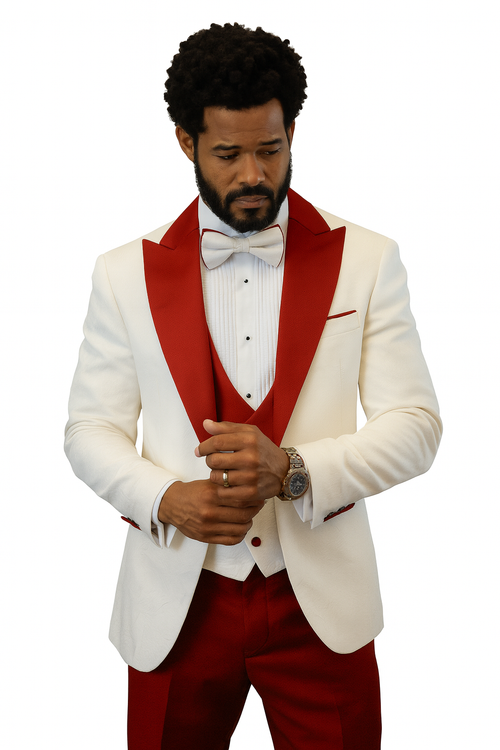 Hilton White and Red Paisley Peak Lapel Tuxedo Jacket with Matching Shawl Vest and Wool Pants Includes Bow Tie