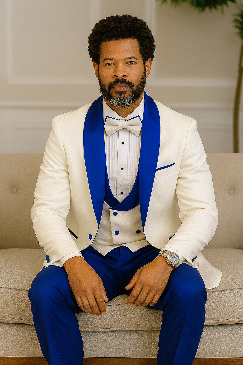 Hilton White and Royal Blue Paisley Peak Lapel Tuxedo Jacket with Matching Shawl Vest and Wool Pants – Includes Bow Tie - 34 Short or Extra Small
