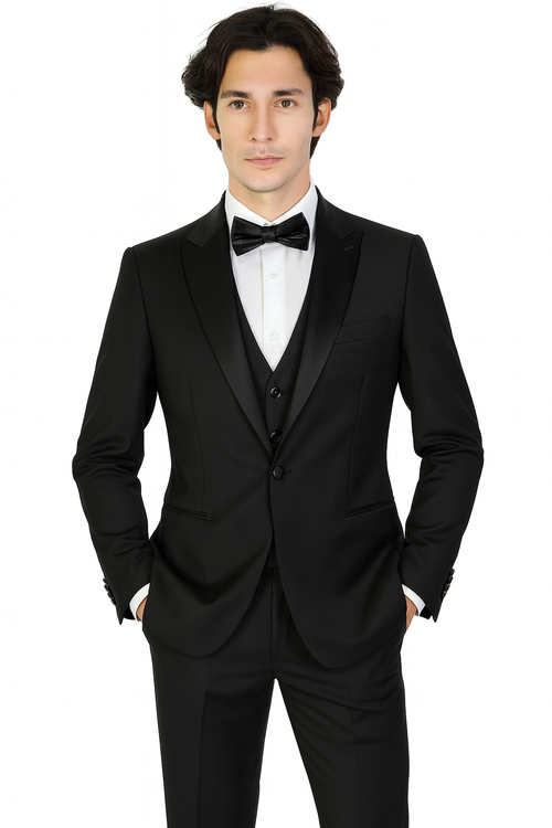 Mens 3-Piece Slim-Fit Shiny All Satin Suit Black