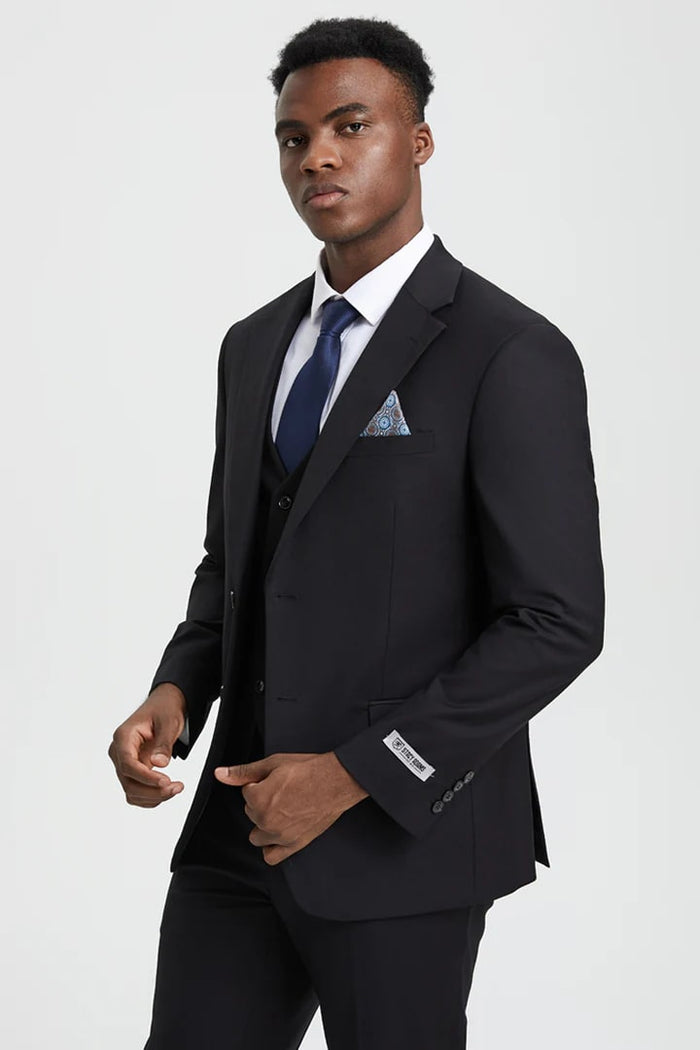 Cheap Priced Suit- Men's Two Button Vested Stacy Adams Designer Basic Black Suit