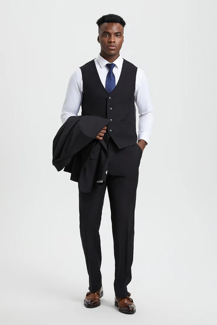 Cheap Priced Suit- Men's Two Button Vested Stacy Adams Designer Basic Black Suit