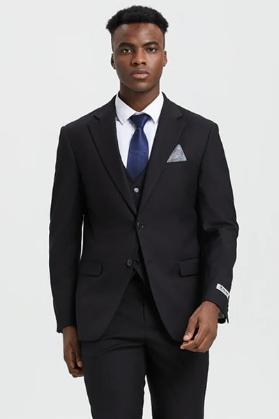 Cheap Priced Suit- Men's Two Button Vested Stacy Adams Designer Basic Black Suit