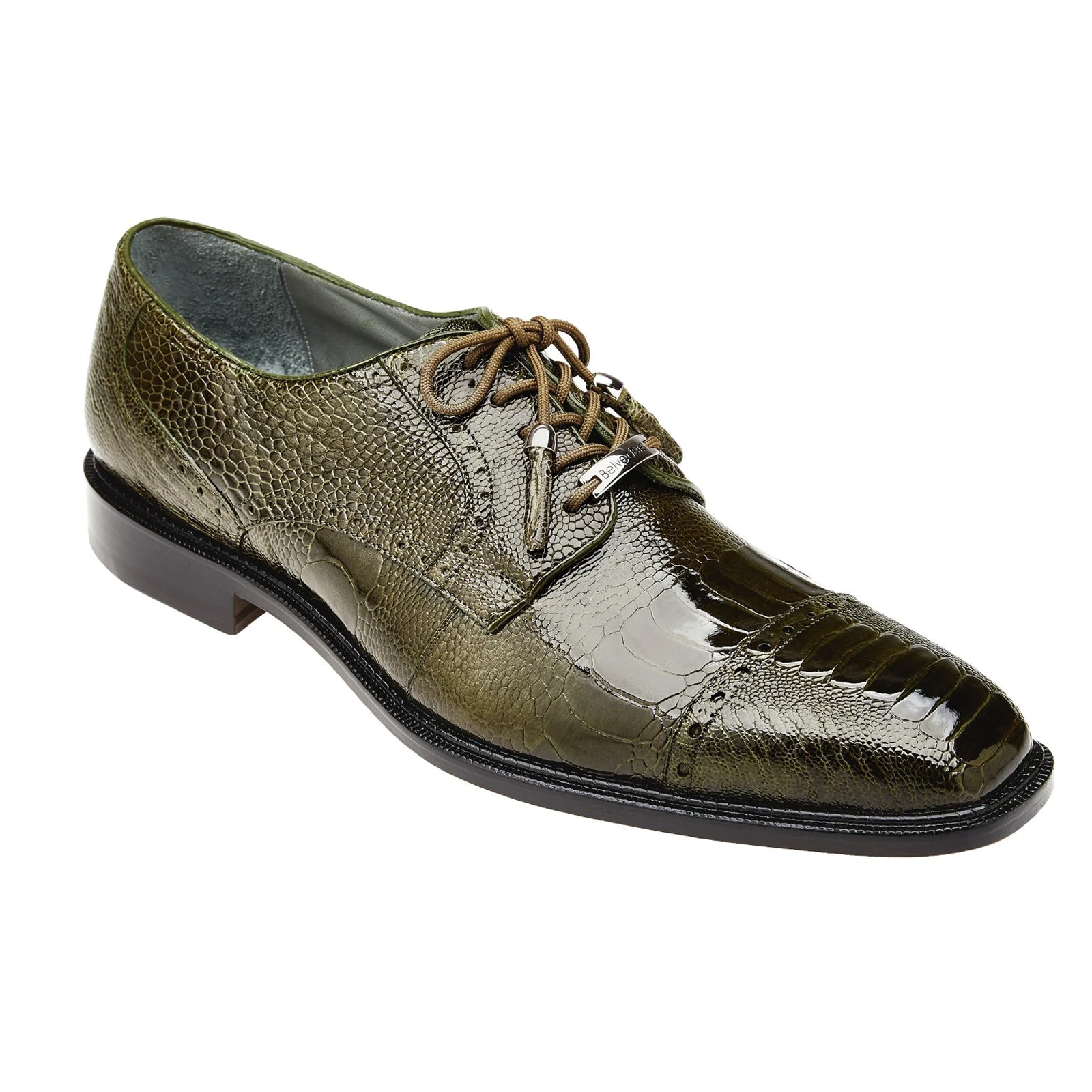 Men's Belvedere Batta Cap Toe Ostrich Dress Shoe in Olive Green - 9-M