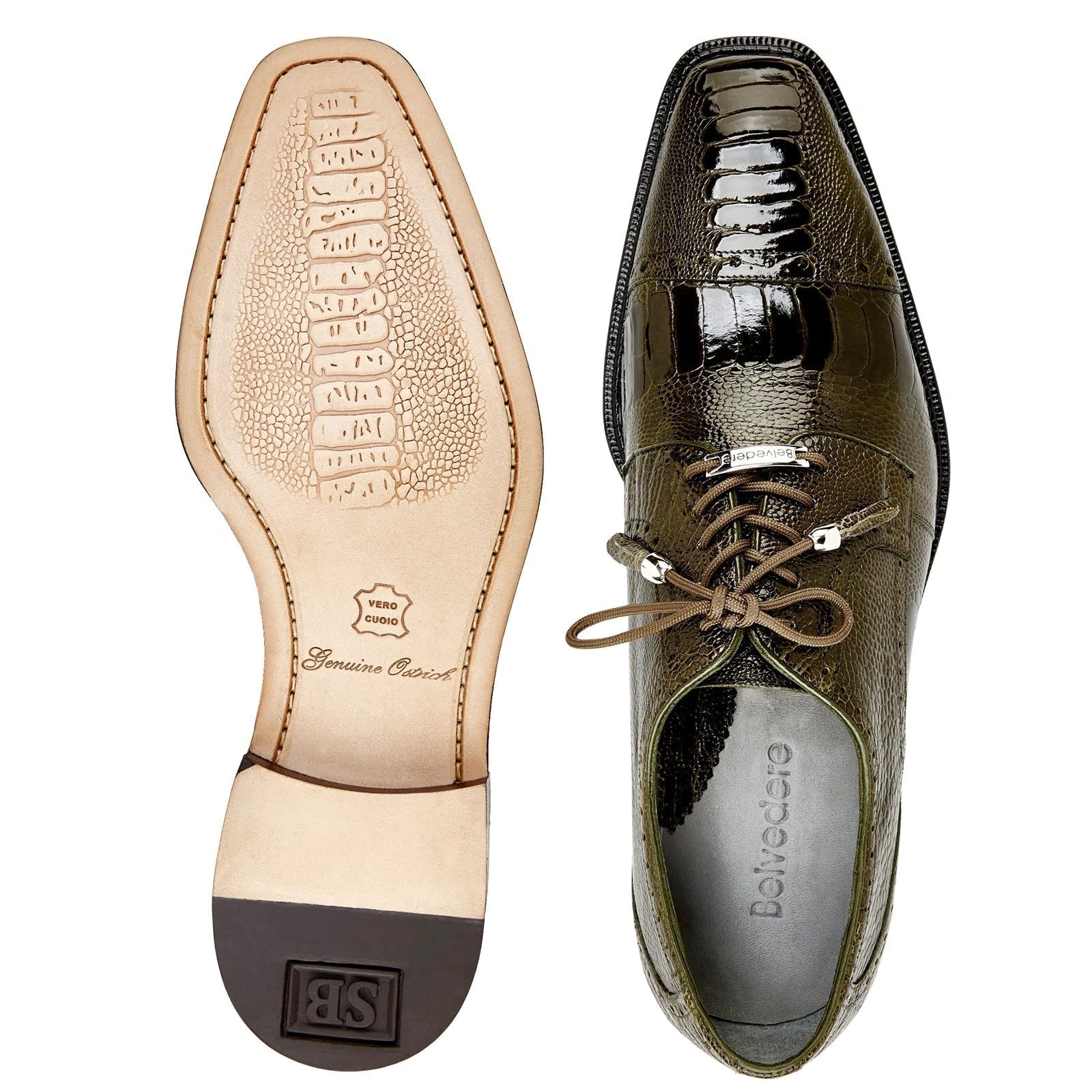 Men's Belvedere Batta Cap Toe Ostrich Dress Shoe in Olive Green - 9-M