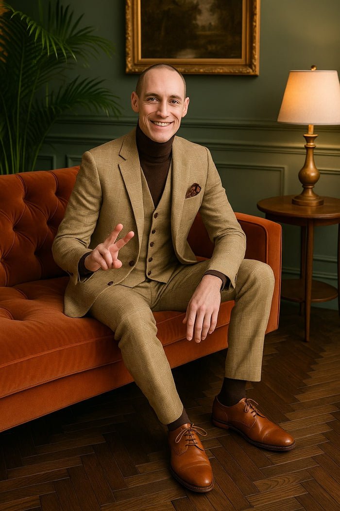 Mens Beige Plaid 3-Piece Suit Classic Checkered Suit for Weddings, Church Vested Checkered Pattern
