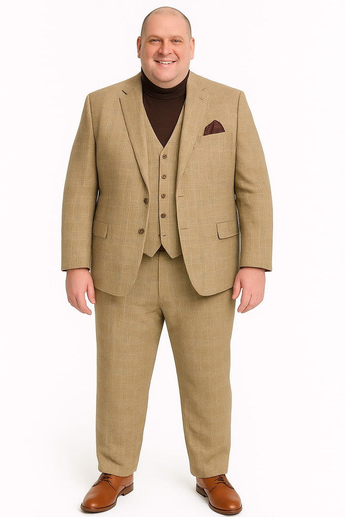 Mens Beige Plaid 3-Piece Suit Classic Checkered Suit for Weddings, Church Vested Checkered Pattern