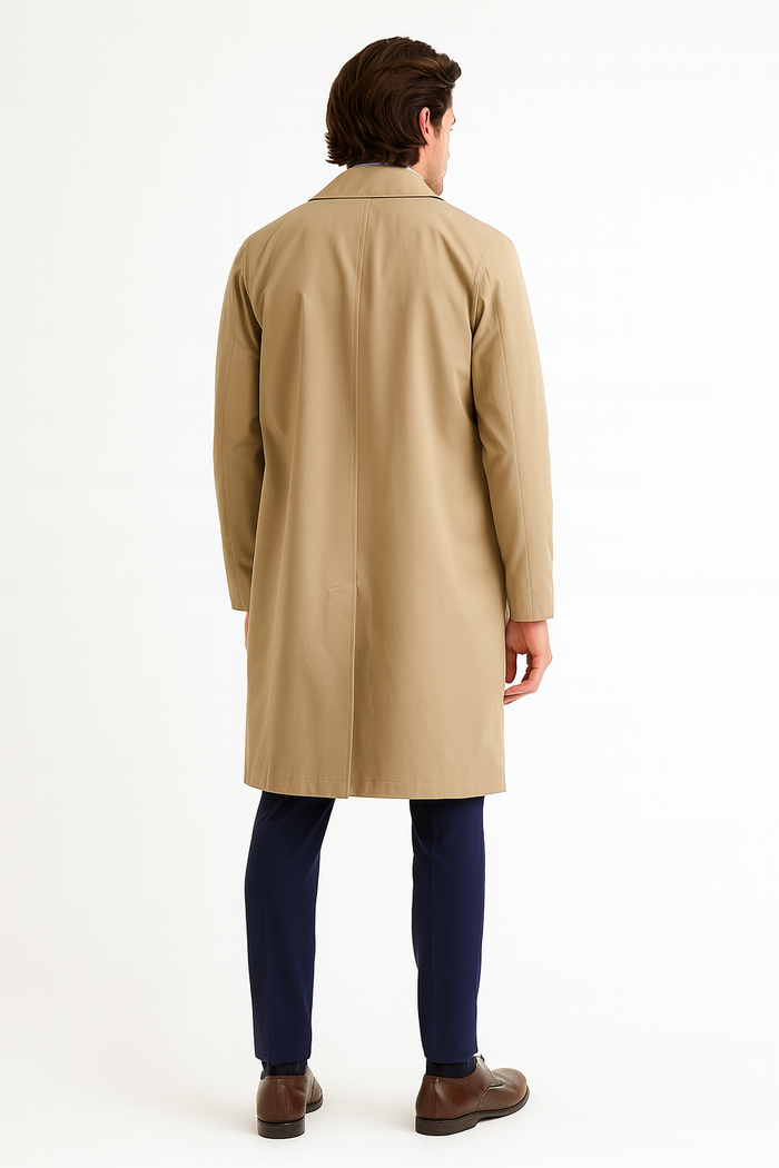 Mens Beige Trench Coat Classic Long Overcoat with Button Front - Raincoat in Khaki Color