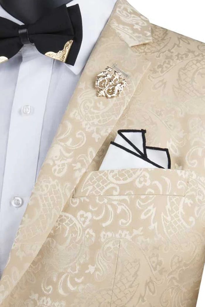 Cheap Priced Suit- Men's Slim Fit Shiny Paisley Prom 2026 & Wedding Beige Suit Cream and Beige Prom 2026 Suits
