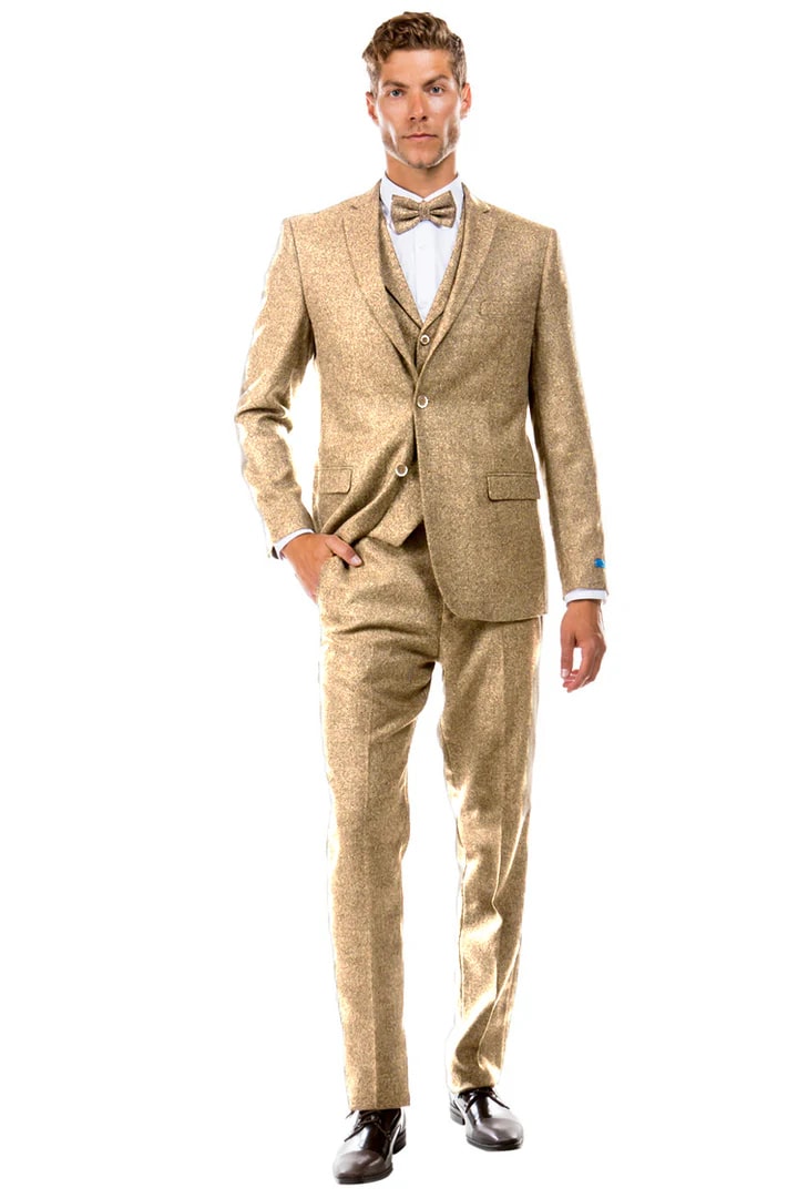 Cheap Suit - Men's Two Button Vested Vintage Style Tweed Wedding Beige Suit