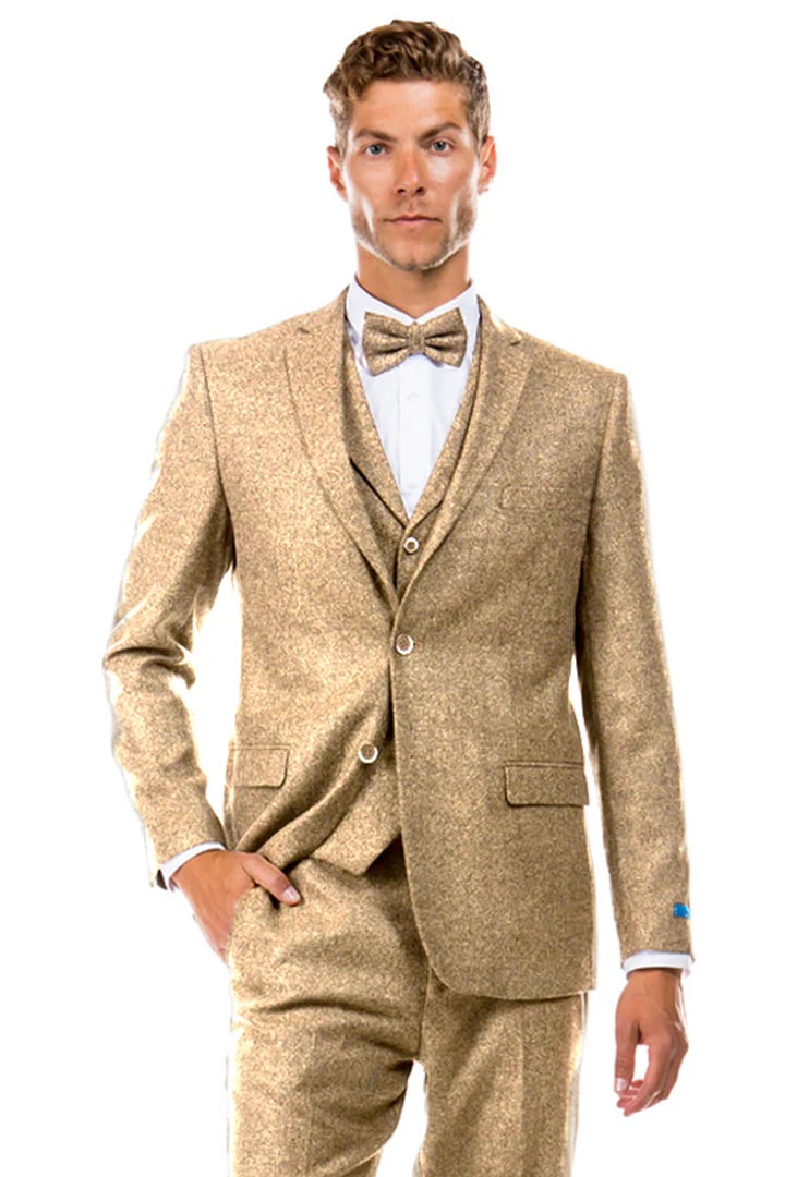 Cheap Suit - Men's Two Button Vested Vintage Style Tweed Wedding Beige Suit