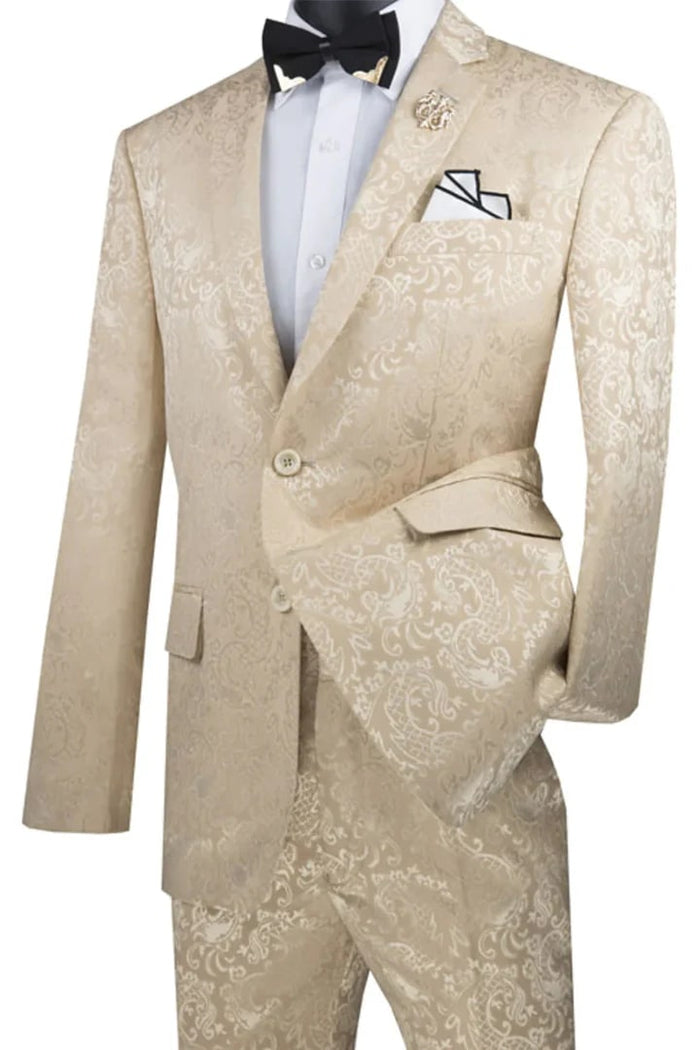 Cheap Priced Suit- Men's Slim Fit Shiny Paisley Prom 2026 & Wedding Beige Suit Cream and Beige Prom 2026 Suits