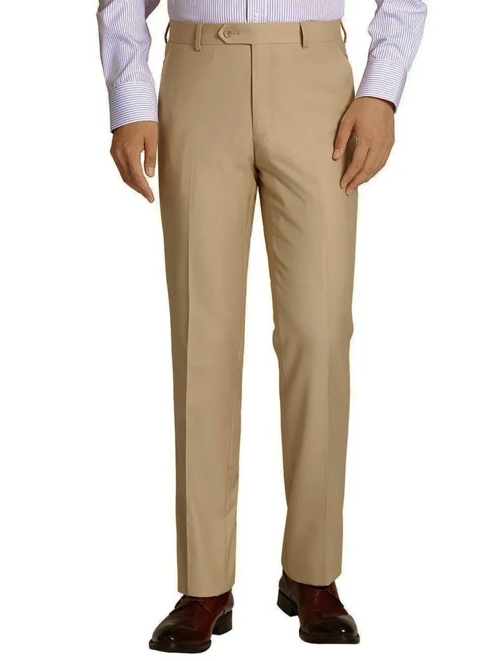 Beige Slim Fit Dress Pants Flat Front Pants Pre-hemmed