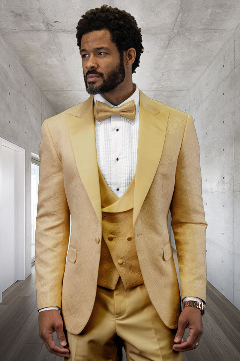 Men's Designer Vested Tonal Paisley Wedding & Prom Tuxedo in Gold - 36 Short