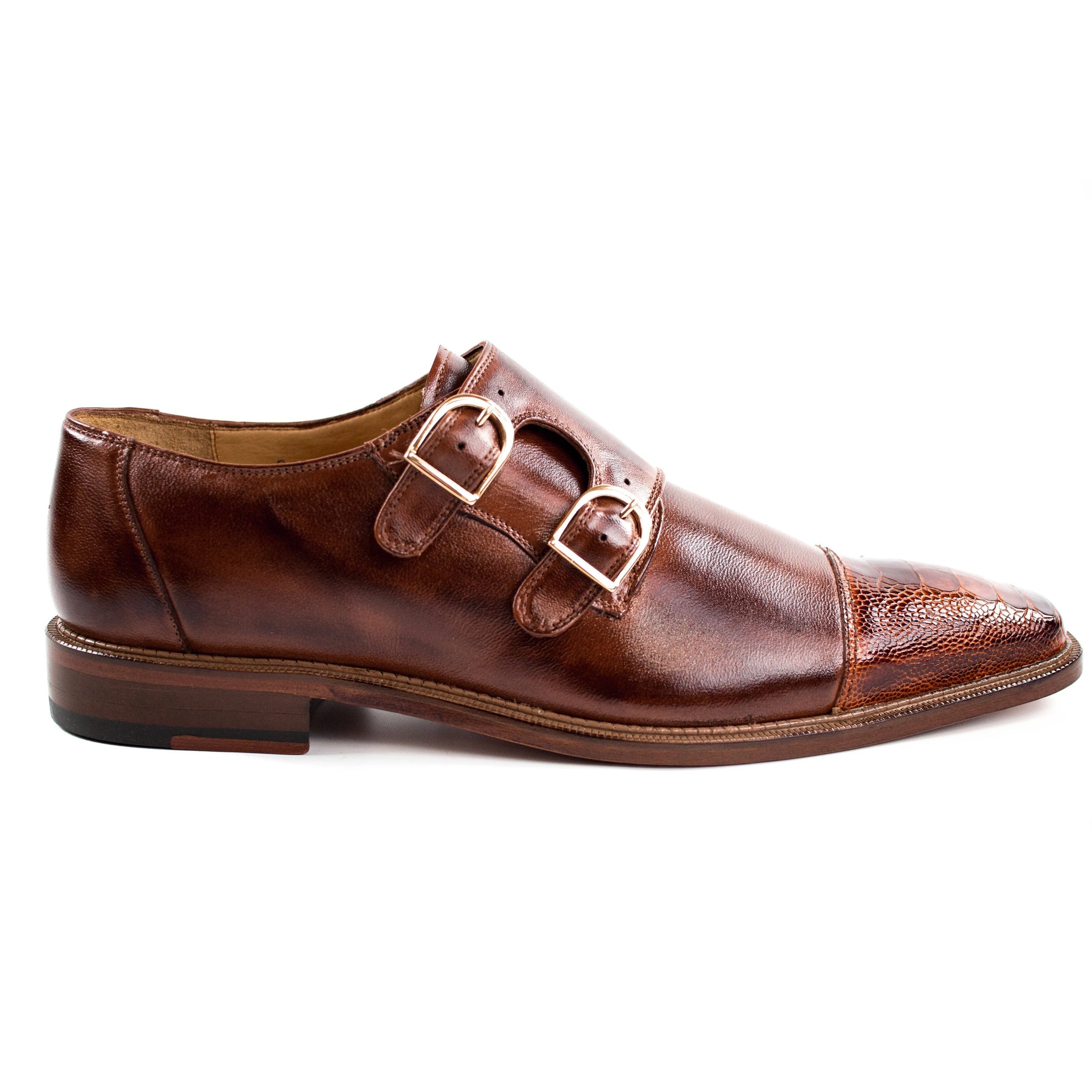 Mens Belvedere Amico Double Monk Strap Ostrich Dress Shoe in Brown - 8