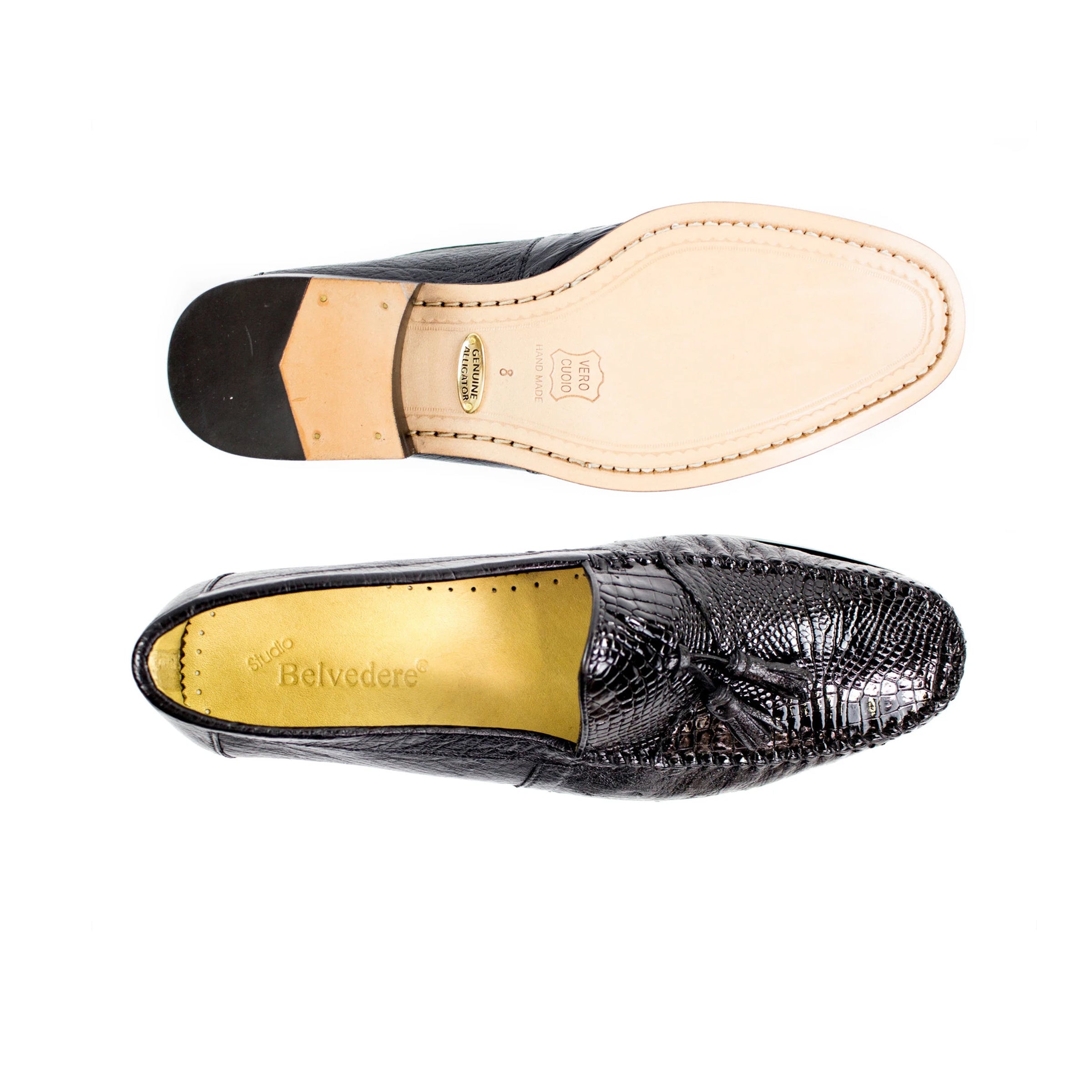 Mens Belvedere Bari Caiman & Ostrich Tassel Loafer in Black - 8