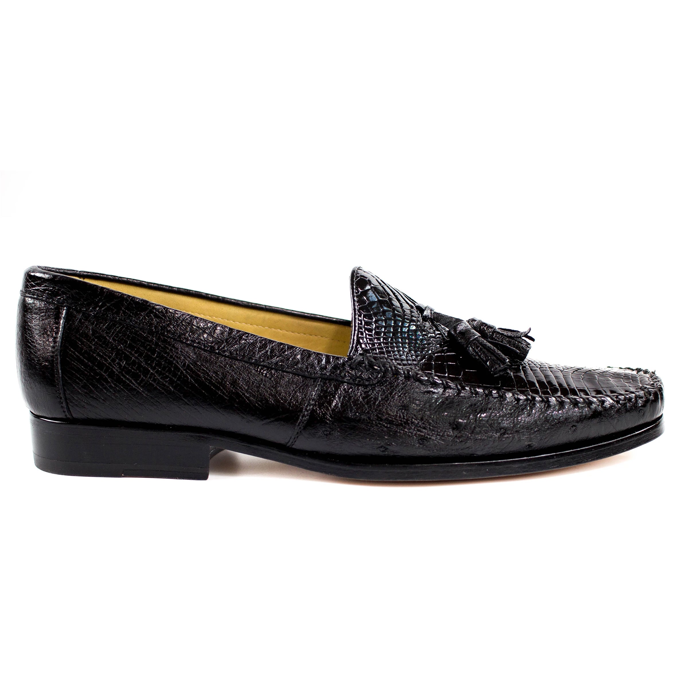 Mens Belvedere Bari Caiman & Ostrich Tassel Loafer in Black - 8