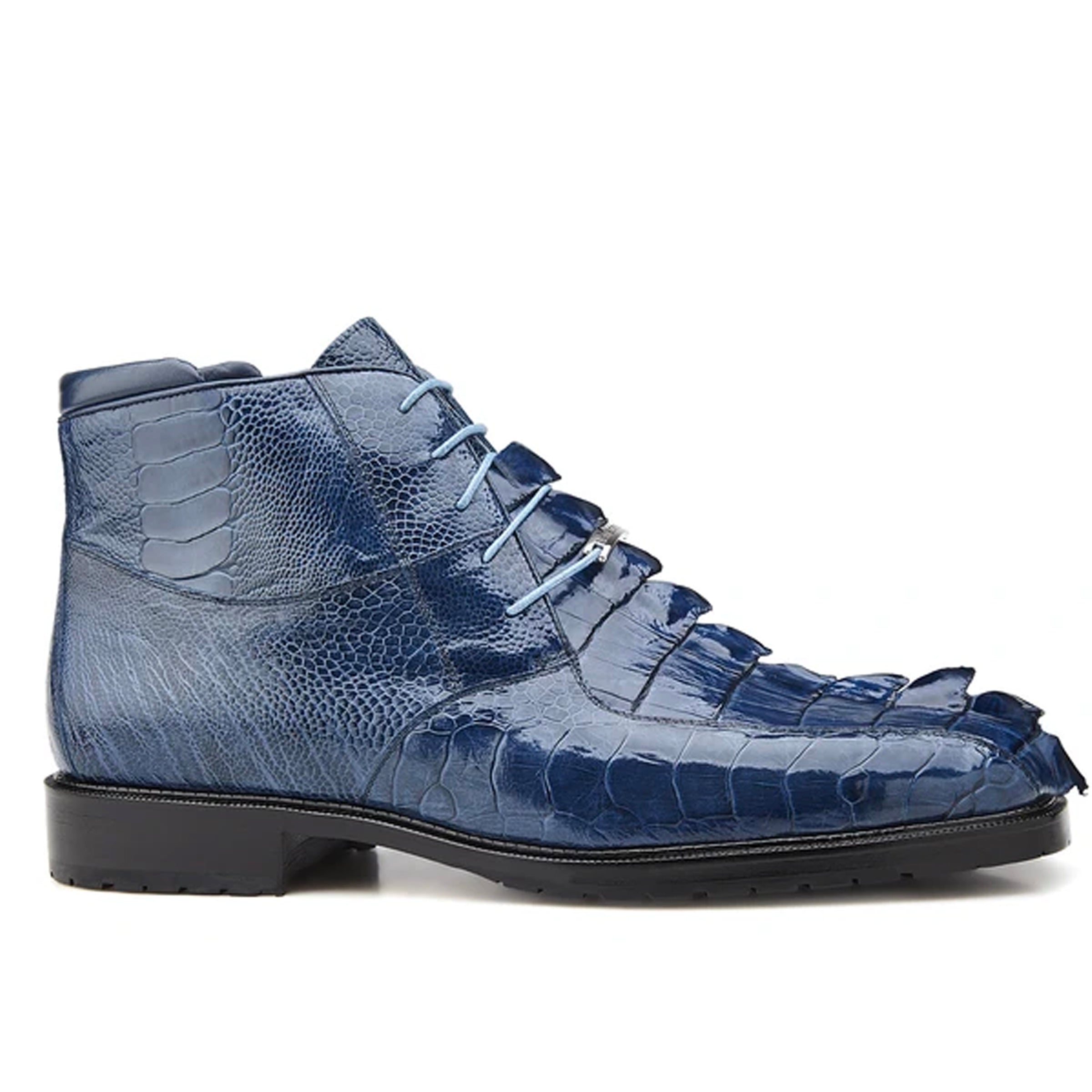 Mens Belvedere Barone Ostrich & Caiman Hornback Dress Boot in Blue - 8