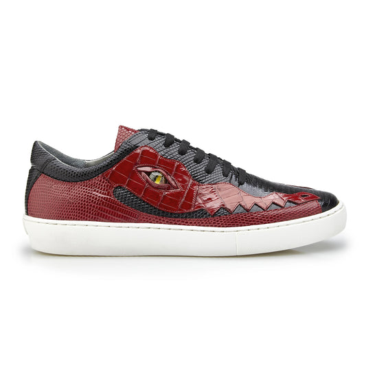 Mens Belvedere Corona Caiman & Lizard Sneaker in Black & Red