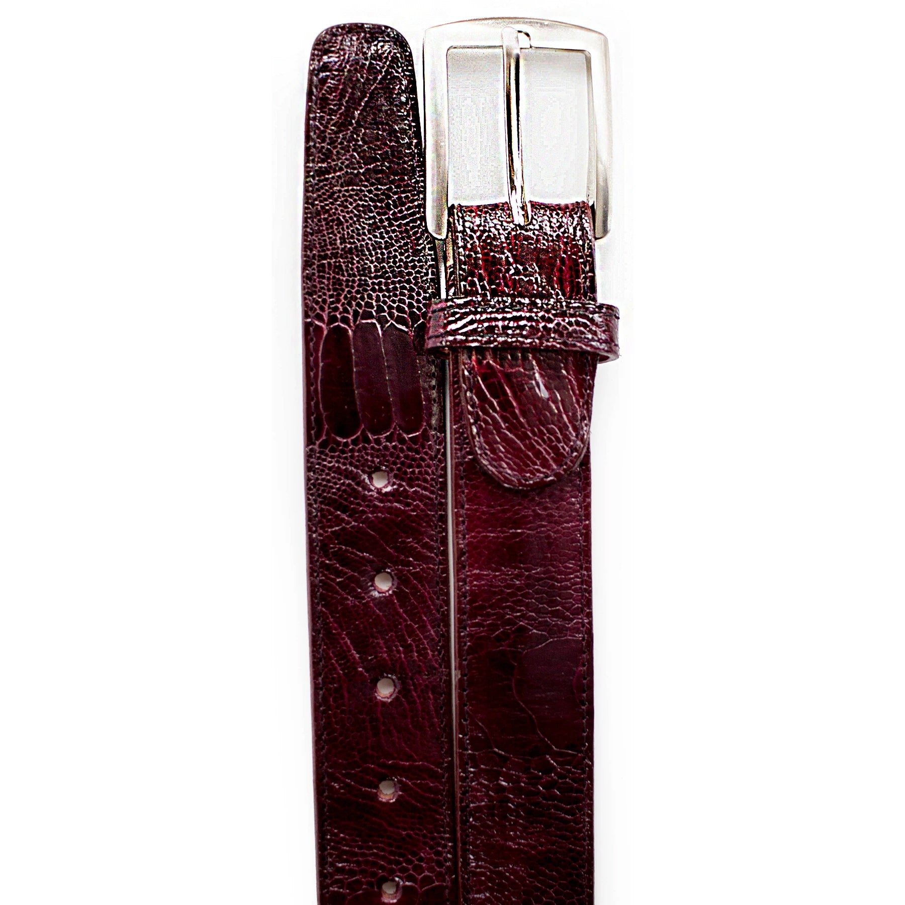 Mens Belvedere Ostrich Leg Dress Belt in Burgundy - 44W One Length Fits All | Cut To Length