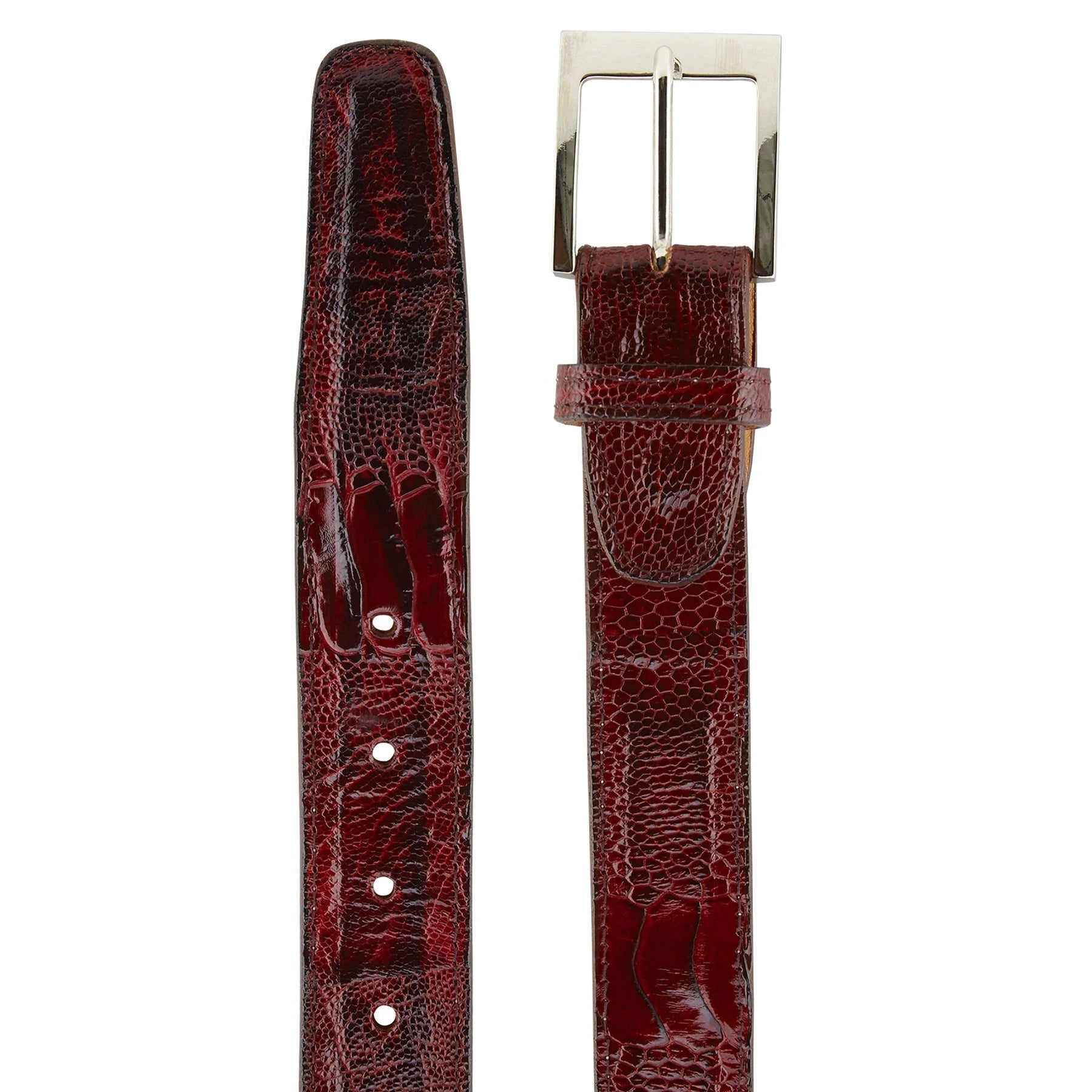 Mens Belvedere Ostrich Leg Dress Belt in Burgundy - 44W One Length Fits All | Cut To Length