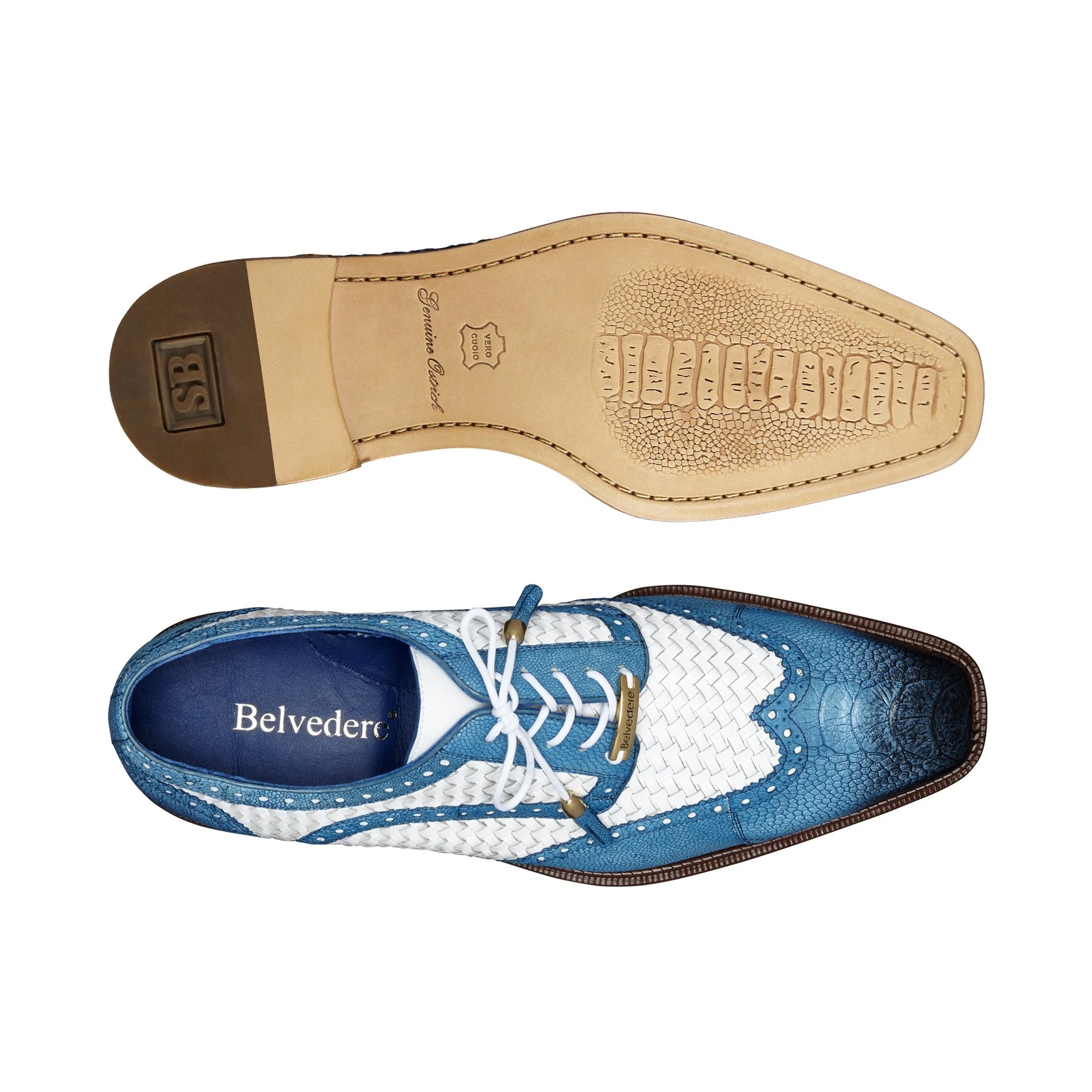 Mens Belvedere Gerry Ostrich & Woven Calf Wingtip Dress Shoe in Blue & White - 9