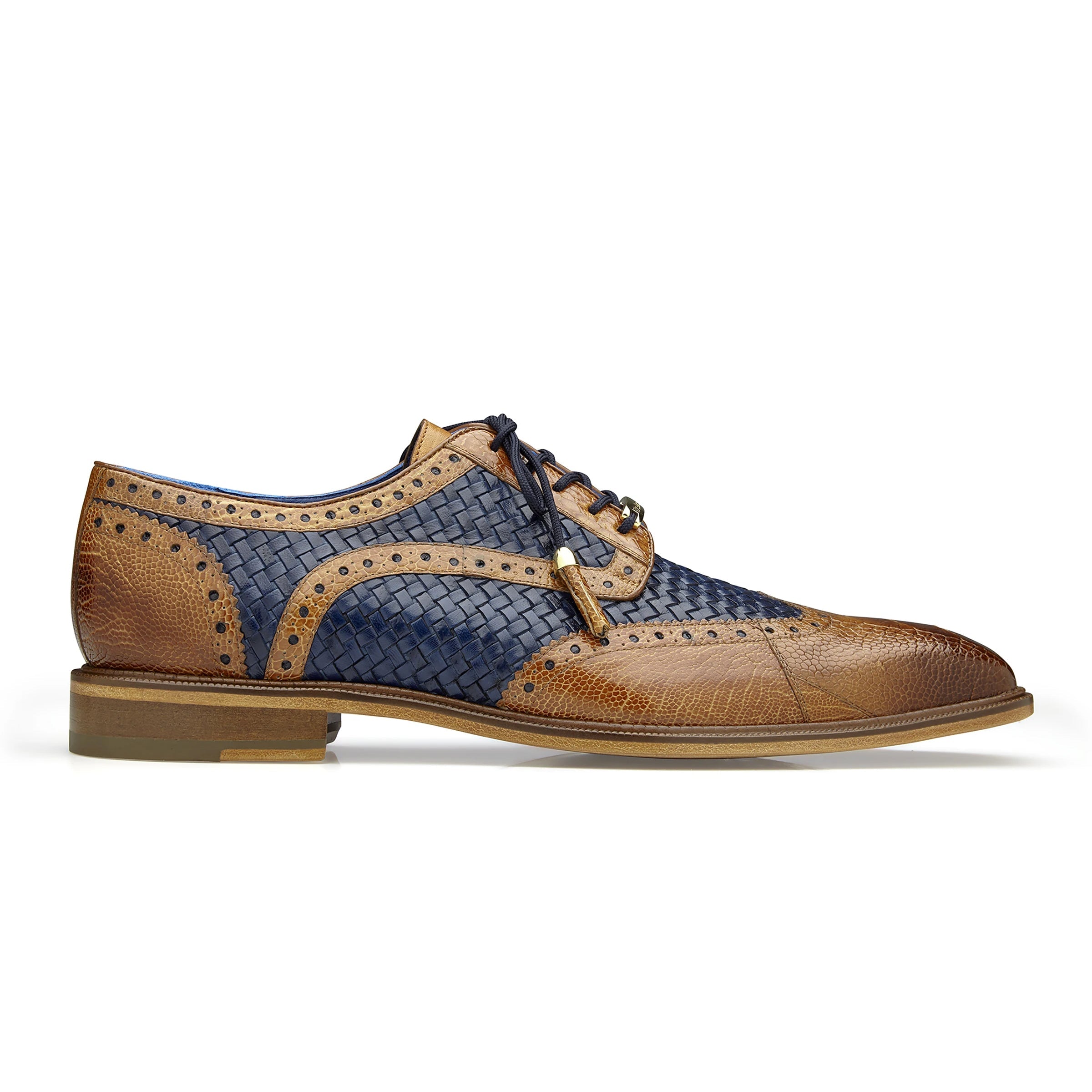 Mens Belvedere Gerry Ostrich & Woven Calf Wingtip Dress Shoe in Tan & Navy - 9