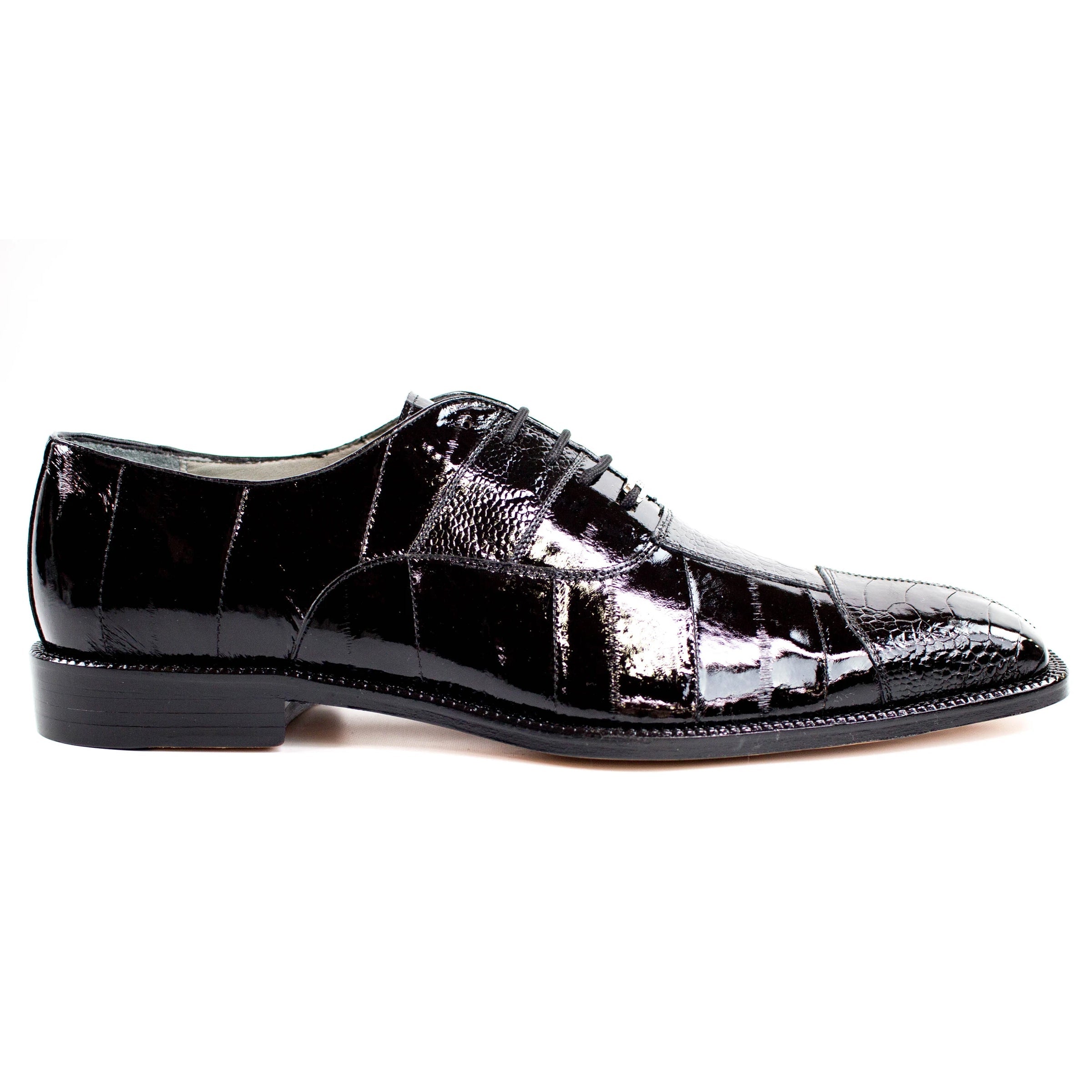 Mens Belvedere Mare Eel & Ostrich Cap Toe Dress Shoe in Black - 9