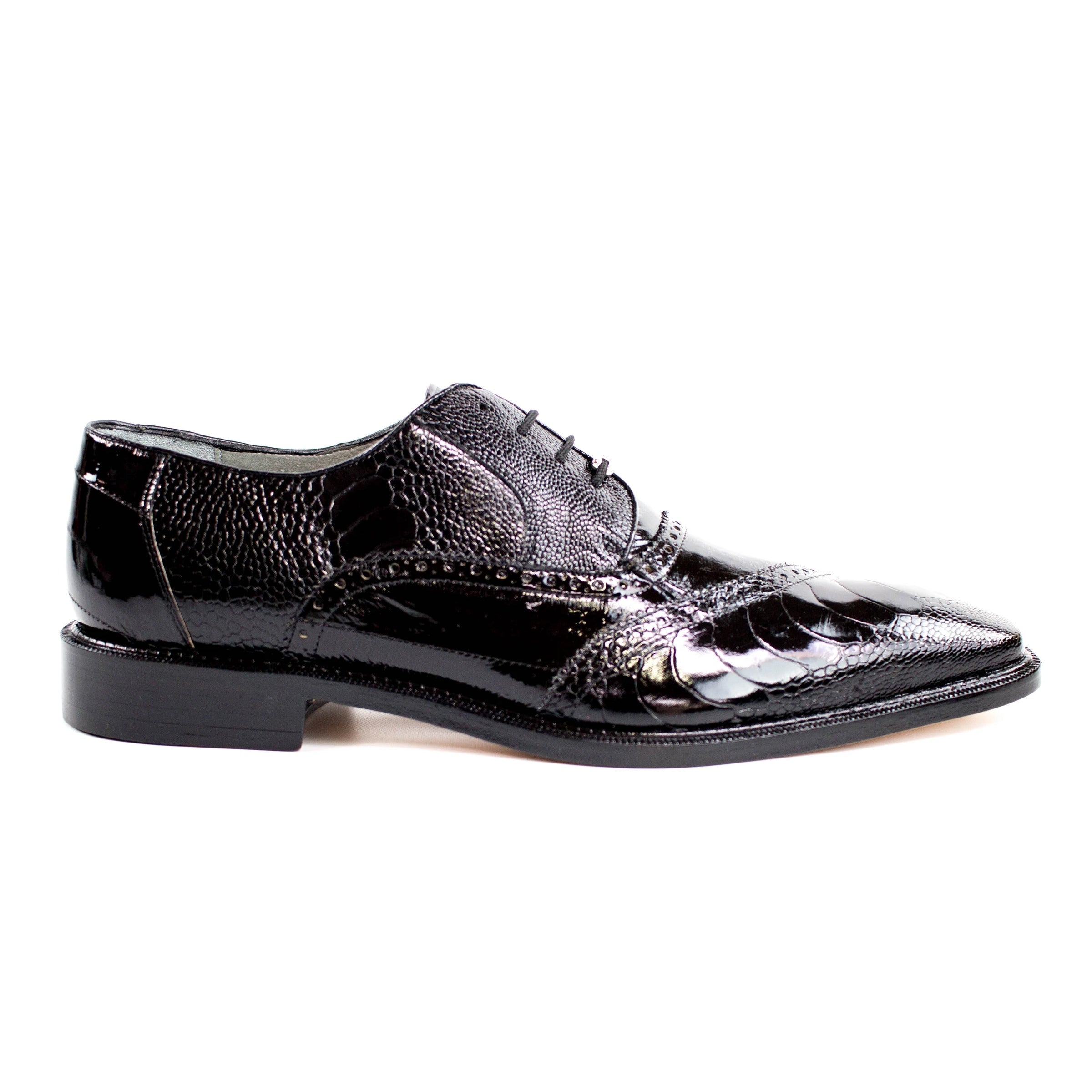 Mens Belvedere Nino Ostrich & Eel Slant Cap Toe Dress Shoe in Black - 9