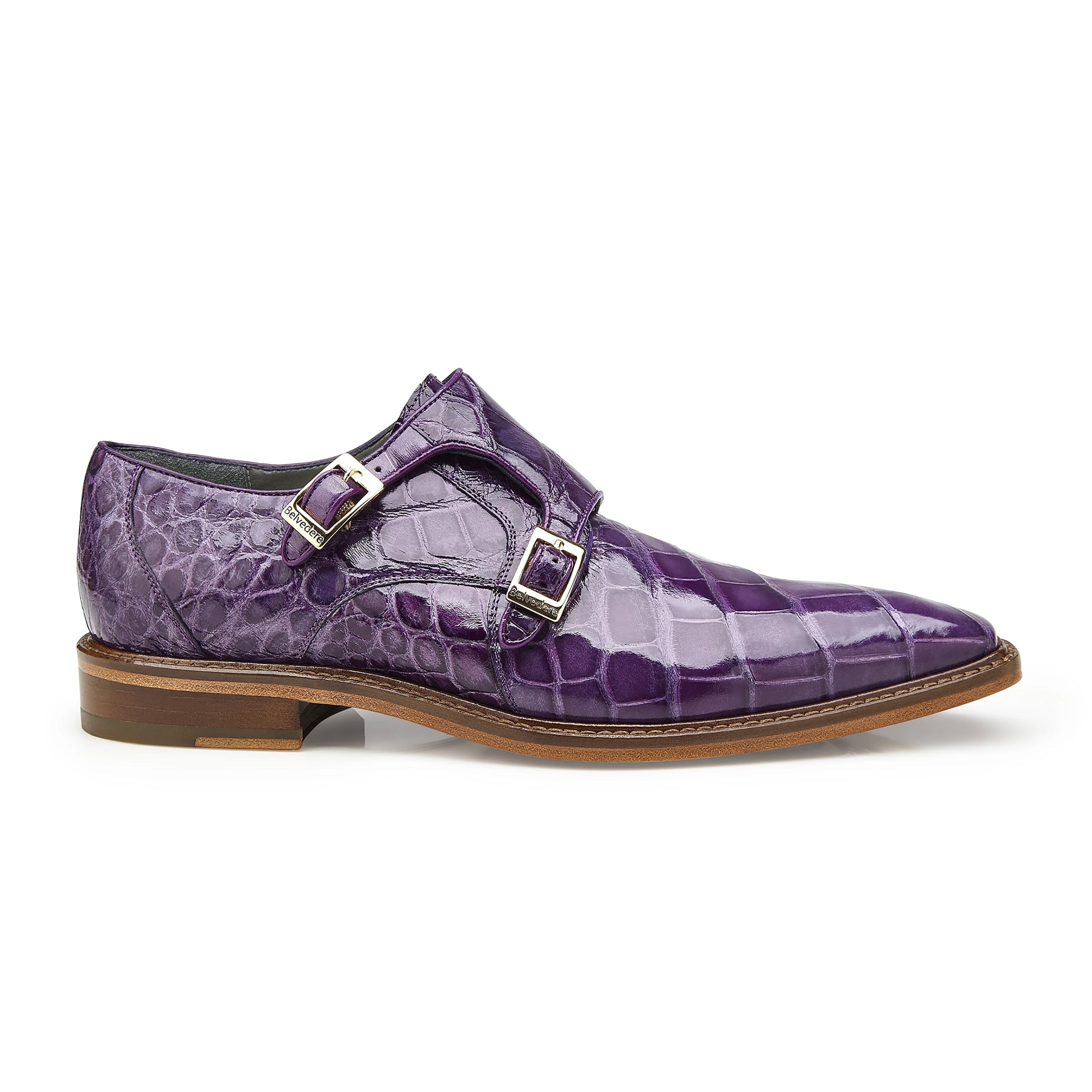 Mens Belvedere Oscar Alligator Double Monk Strap Dress Shoe in Purple - 9