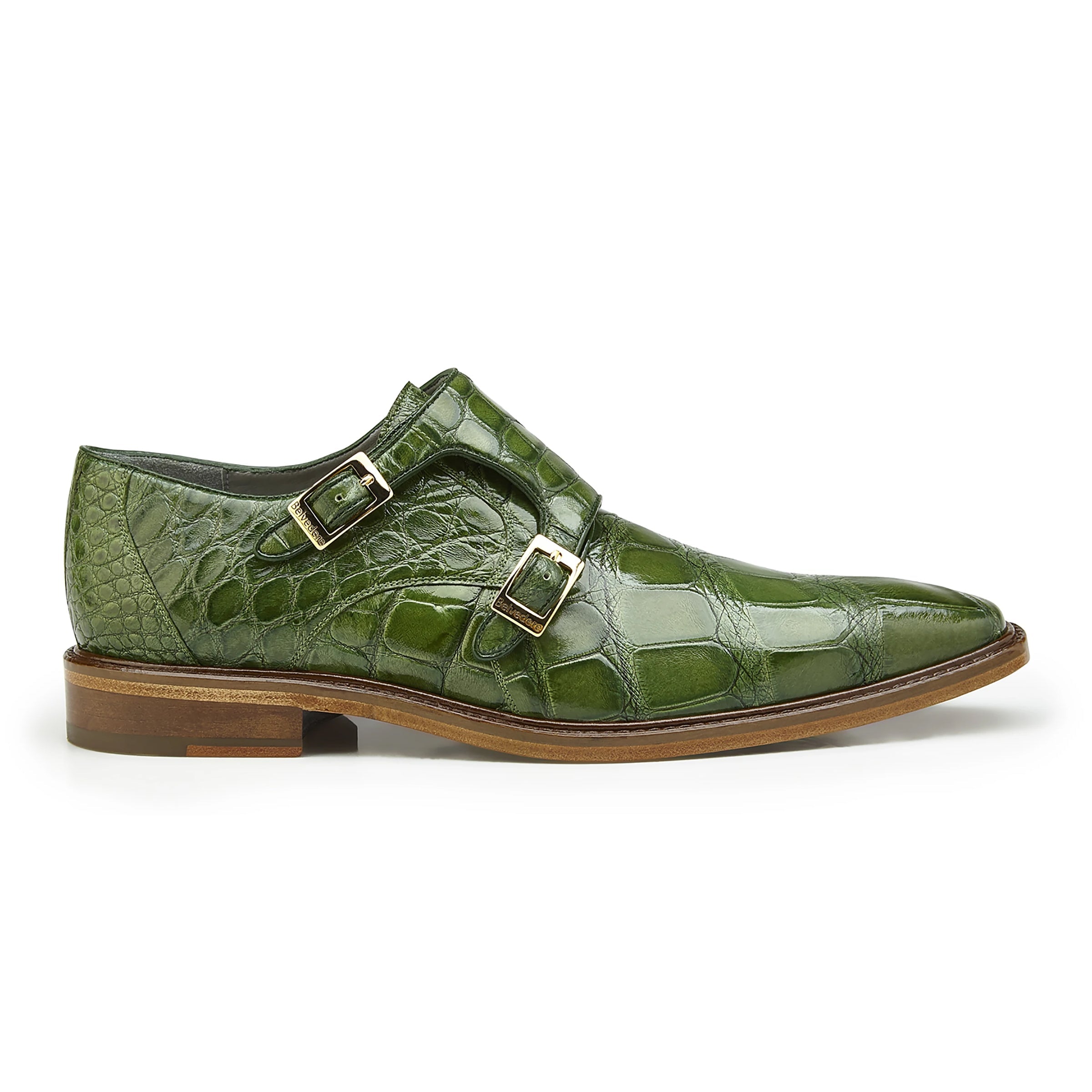 Mens Belvedere Oscar Alligator Double Monk Strap Dress Shoe in Green - 9