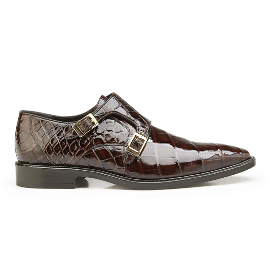 Mens Belvedere Oscar Alligator Double Monk Strap Dress Shoe in Brown