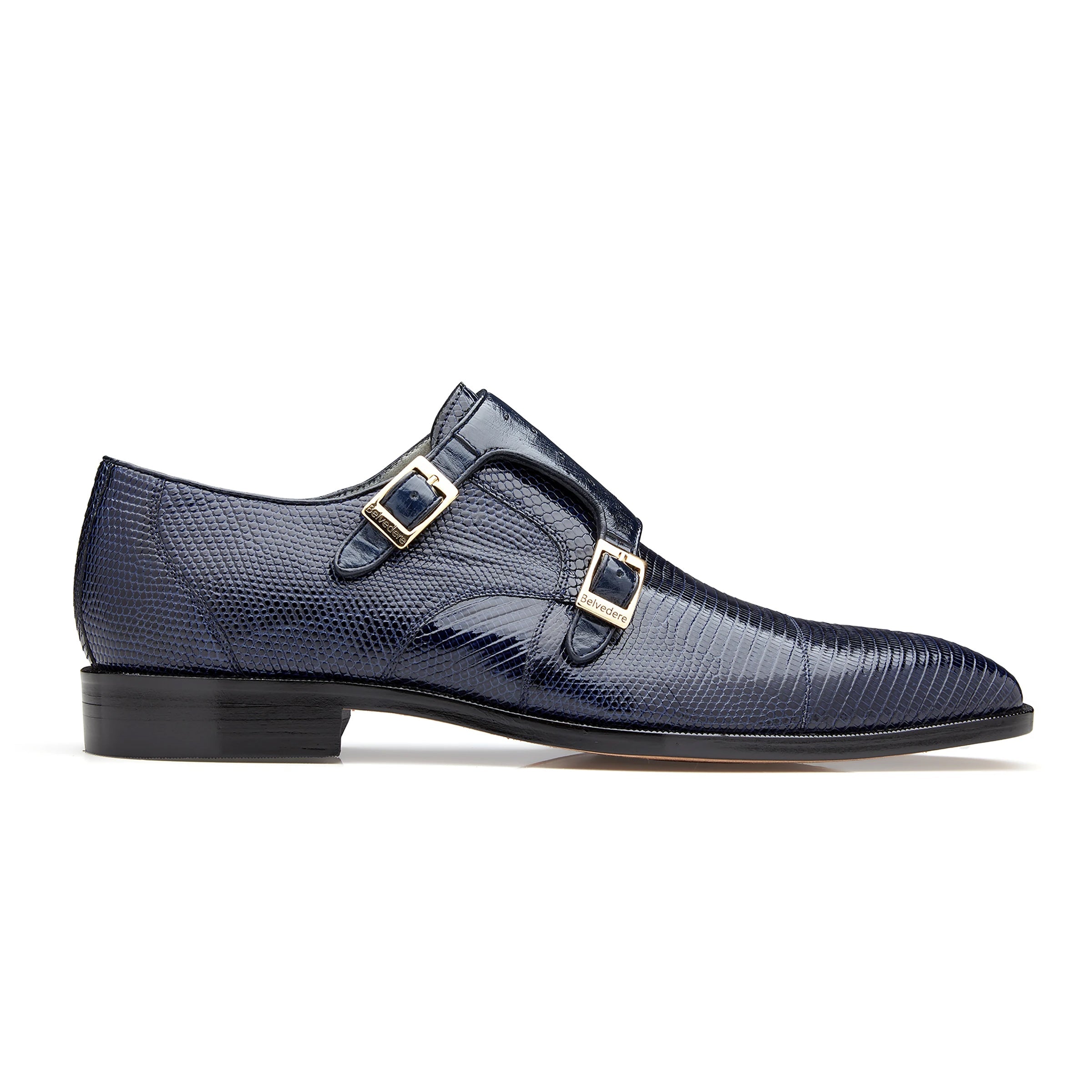 Mens Belvedere Pablo Lizard & Ostrich Double Monk Strap Dress Shoe in Navy - 9