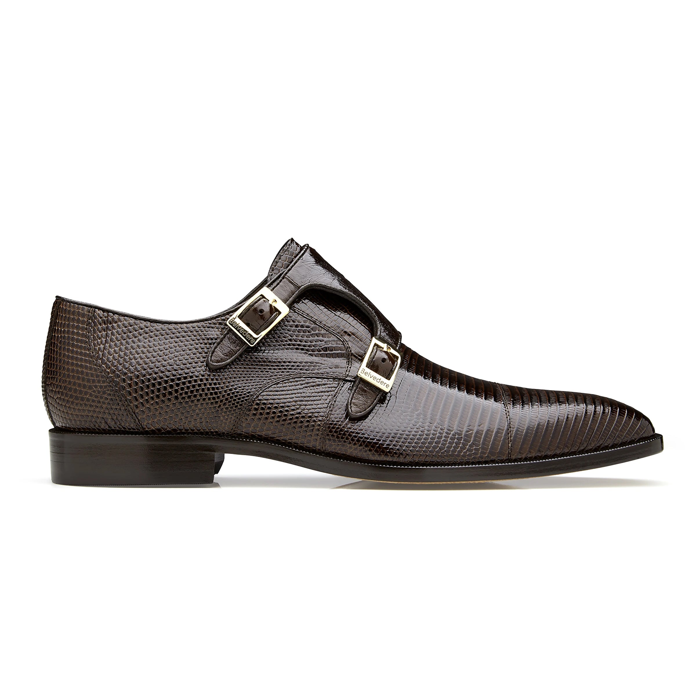 Mens Belvedere Pablo Lizard & Ostrich Double Monk Strap Dress Shoe in Brown - 9