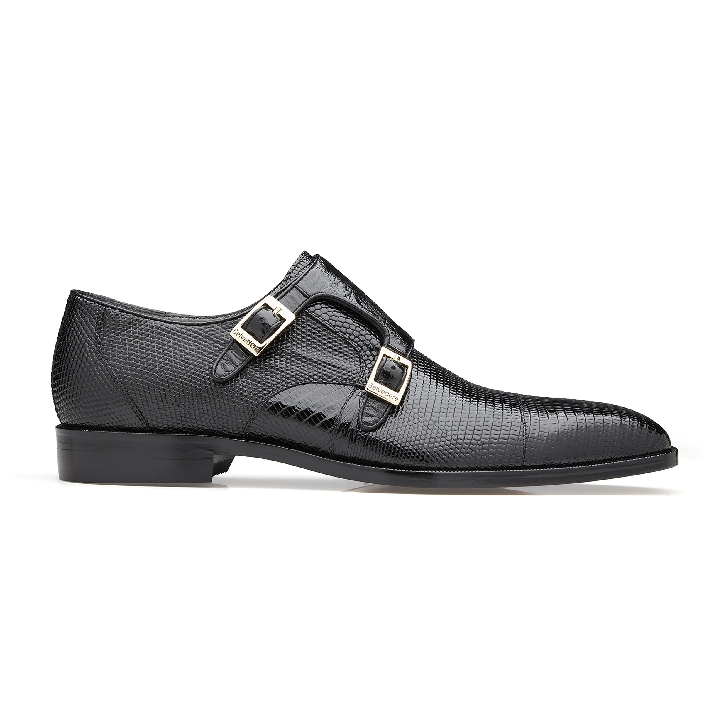 Mens Belvedere Pablo Lizard & Ostrich Double Monk Strap Dress Shoe in Black - 9