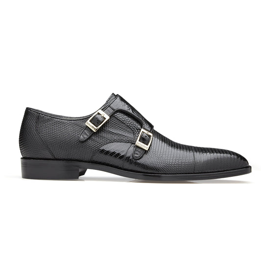 Mens Belvedere Pablo Lizard & Ostrich Double Monk Strap Dress Shoe in Black