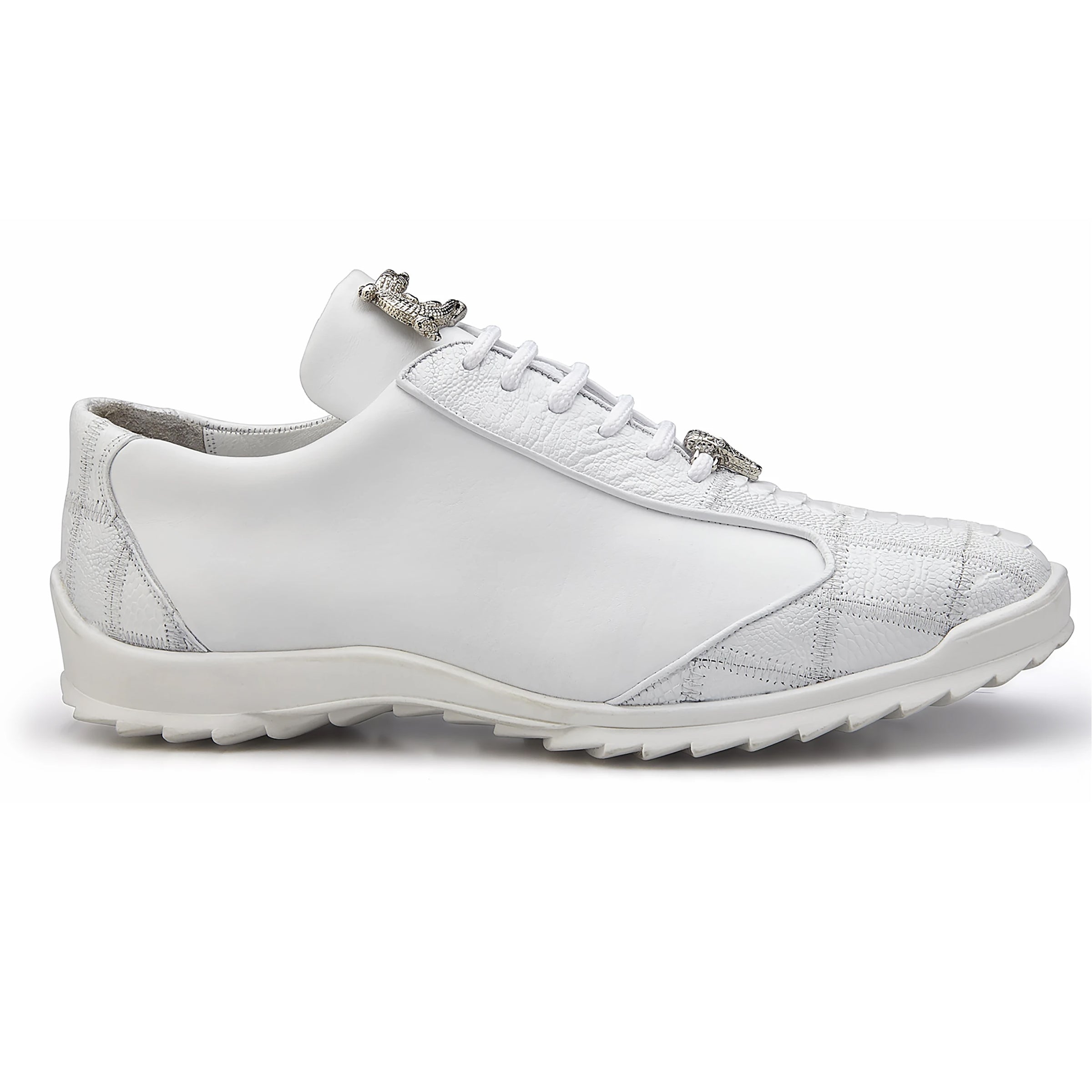 Mens Belvedere Paulo Sneaker in Calf & Ostrich Leg Patchwork in White - 8