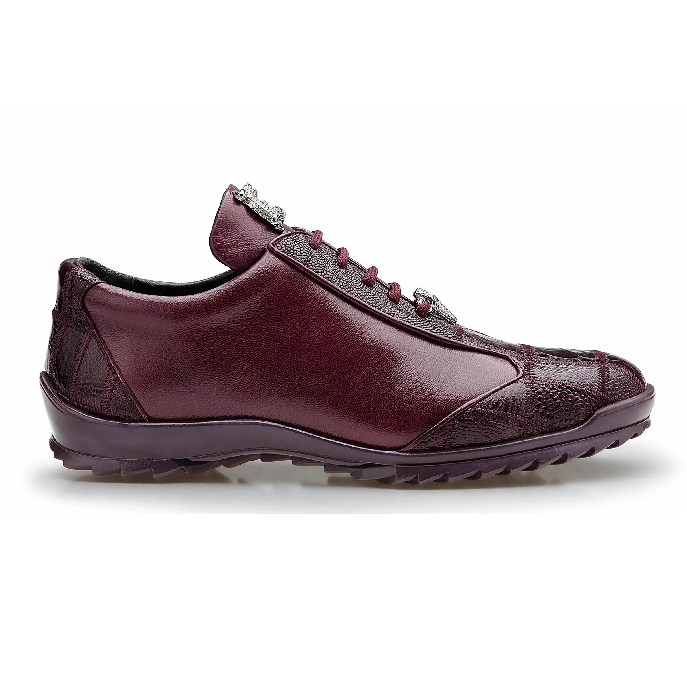 Mens Belvedere Paulo Sneaker in Calf & Ostrich Leg Patchwork in Burgundy - 8