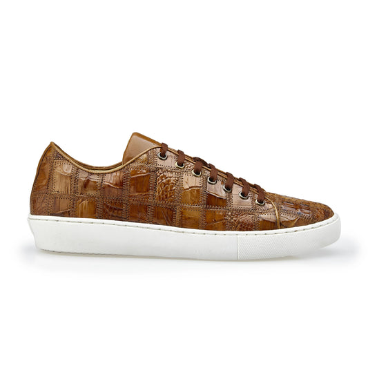 Mens Belvedere Santo Sneaker in Patchwork Caiman Crocodile in Honey