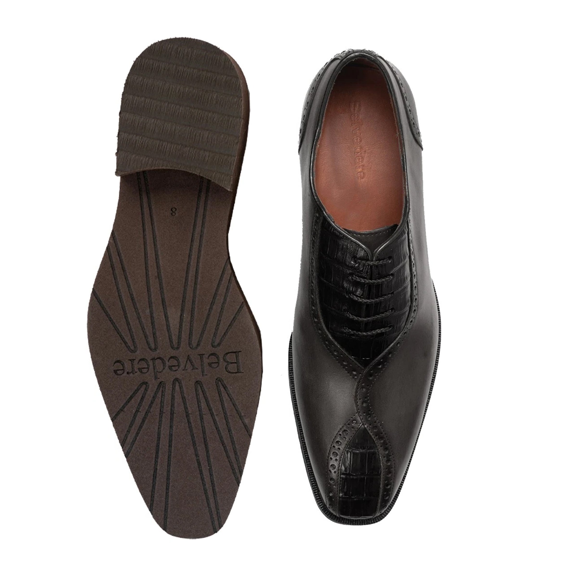 Mens Belvedere Grant Calf Skin & Crocodile Split Toe Dress Shoe in Charcoal & Black - 9