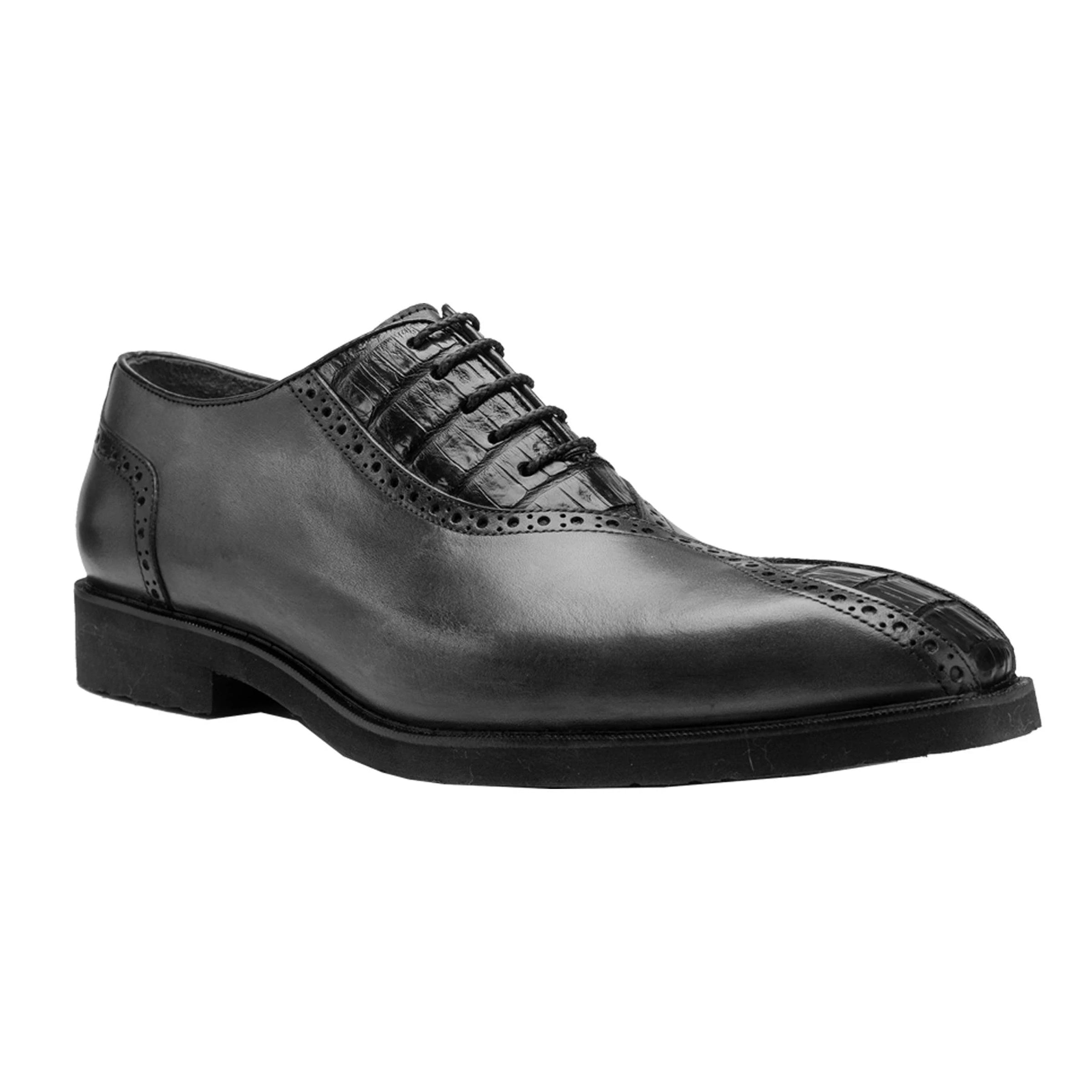 Mens Belvedere Grant Calf Skin & Crocodile Split Toe Dress Shoe in Charcoal & Black - 9