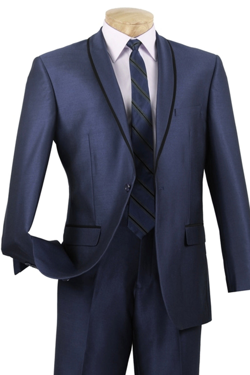 Mens One Button Shawl Tuxedo Suit With Trim in Navy - 36 Short