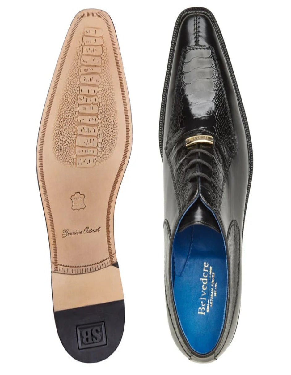 Men's Belvedere Biagio Ostrich Leg & Italian Calf Lace Up Black Dress Shoe - US 9.0 Standard/D/ Medium / Eu:42