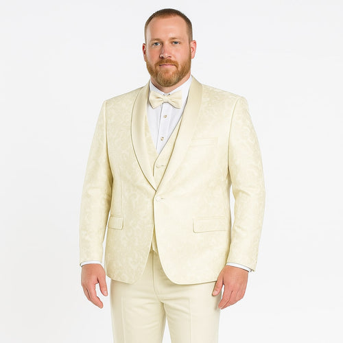 Big and Tall Ivory Floral Tuxedo â€“ 3-Piece Embroidered Suit with Shawl Lapel for Weddings, Proms in Color Cream