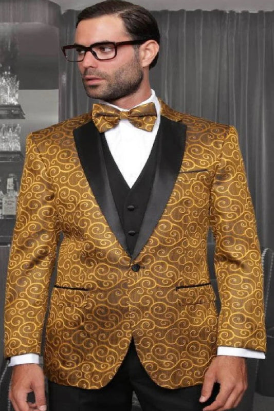 Big and Tall Size Tuxedo Dinner Jacket - Paisley Fabric Blazer in Color Gold