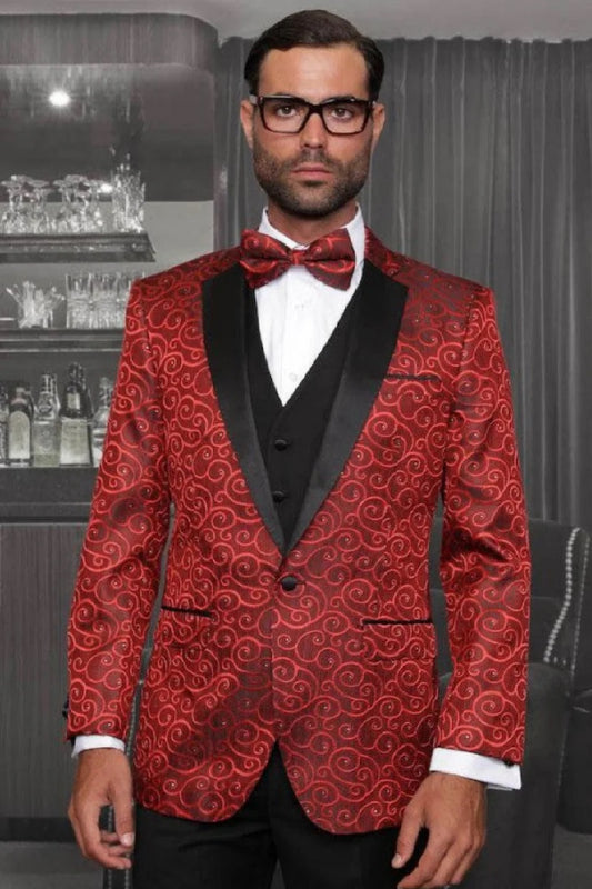 Big and Tall Size Tuxedo Dinner Jacket - Paisley Fabric Blazer in Color Red