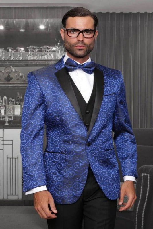 Big and Tall Size Tuxedo Dinner Jacket - Paisley Fabric Blazer in Color Royal Blue