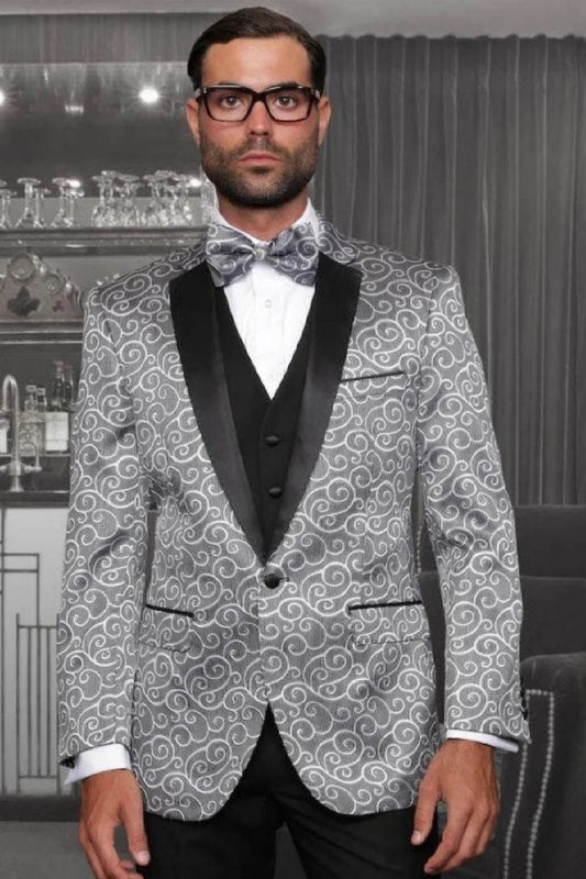 Big and Tall Size Tuxedo Dinner Jacket - Paisley Fabric Blazer in Color Silver