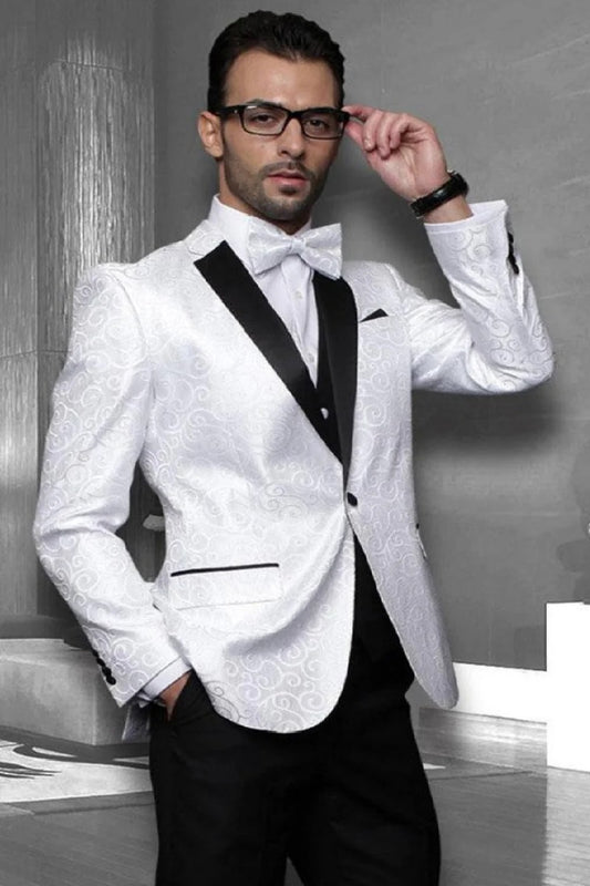 Big and Tall Size Tuxedo Dinner Jacket - Paisley Fabric Blazer in Color White